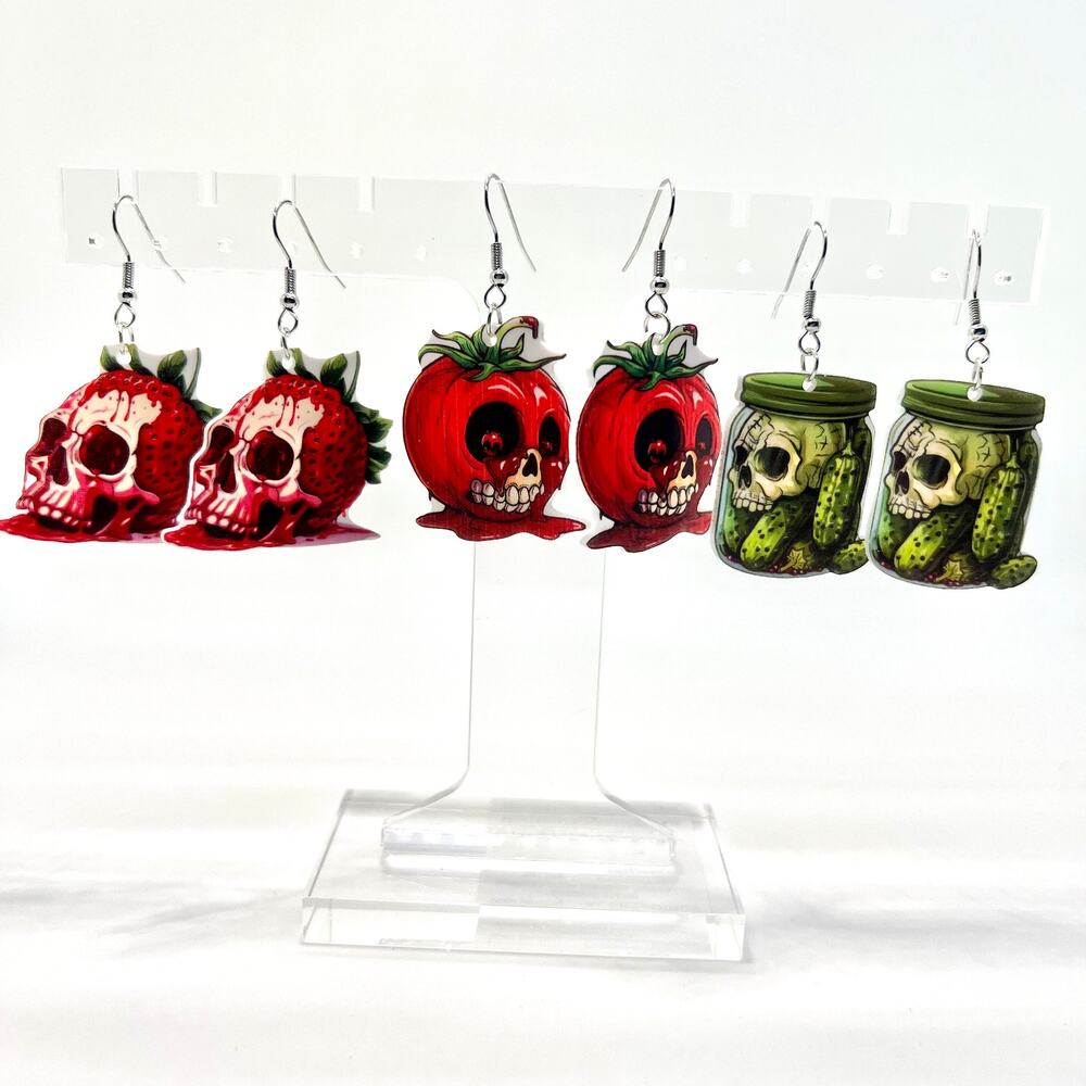 Halloween Earrings - Skull Earrings - Snack Earrings - Pickles - Apples - Goth